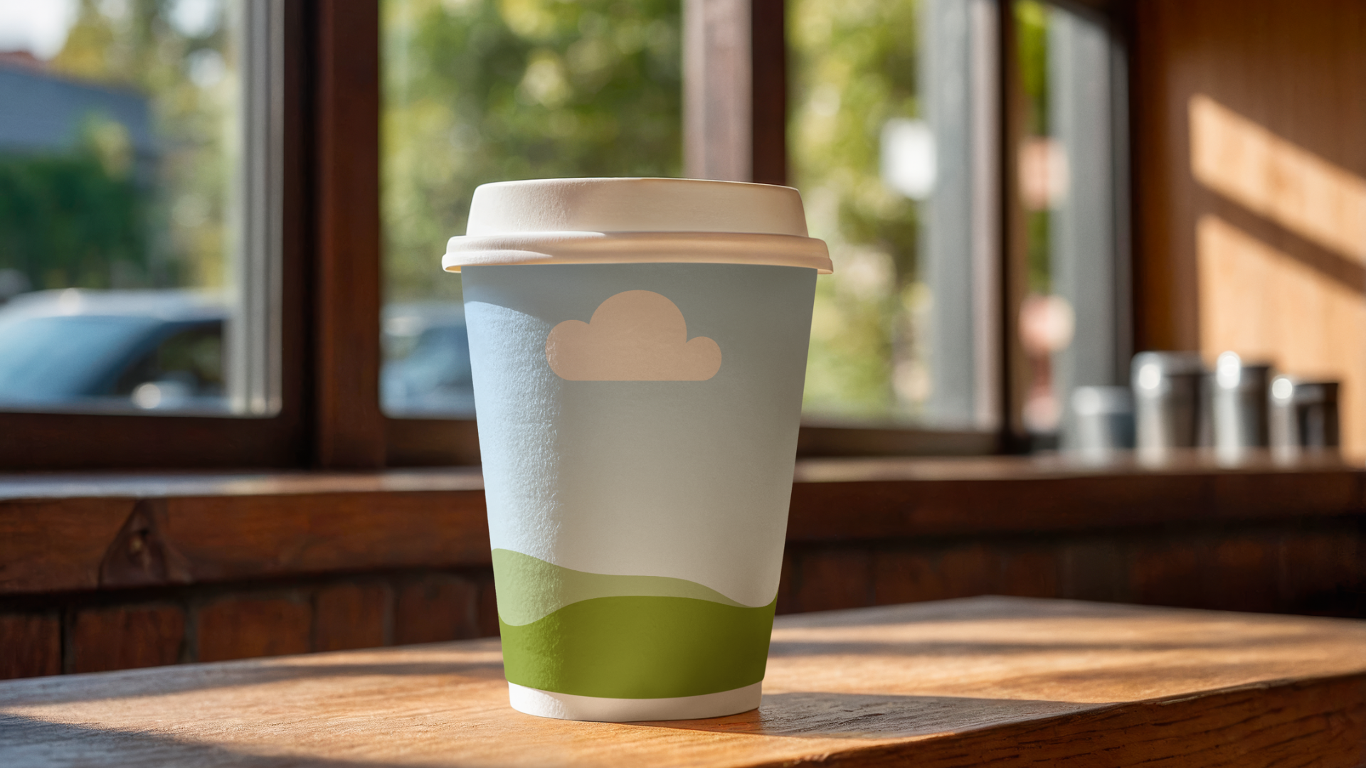 Mockup lifestyle — gobelet à café branding posé sur une table dans un café